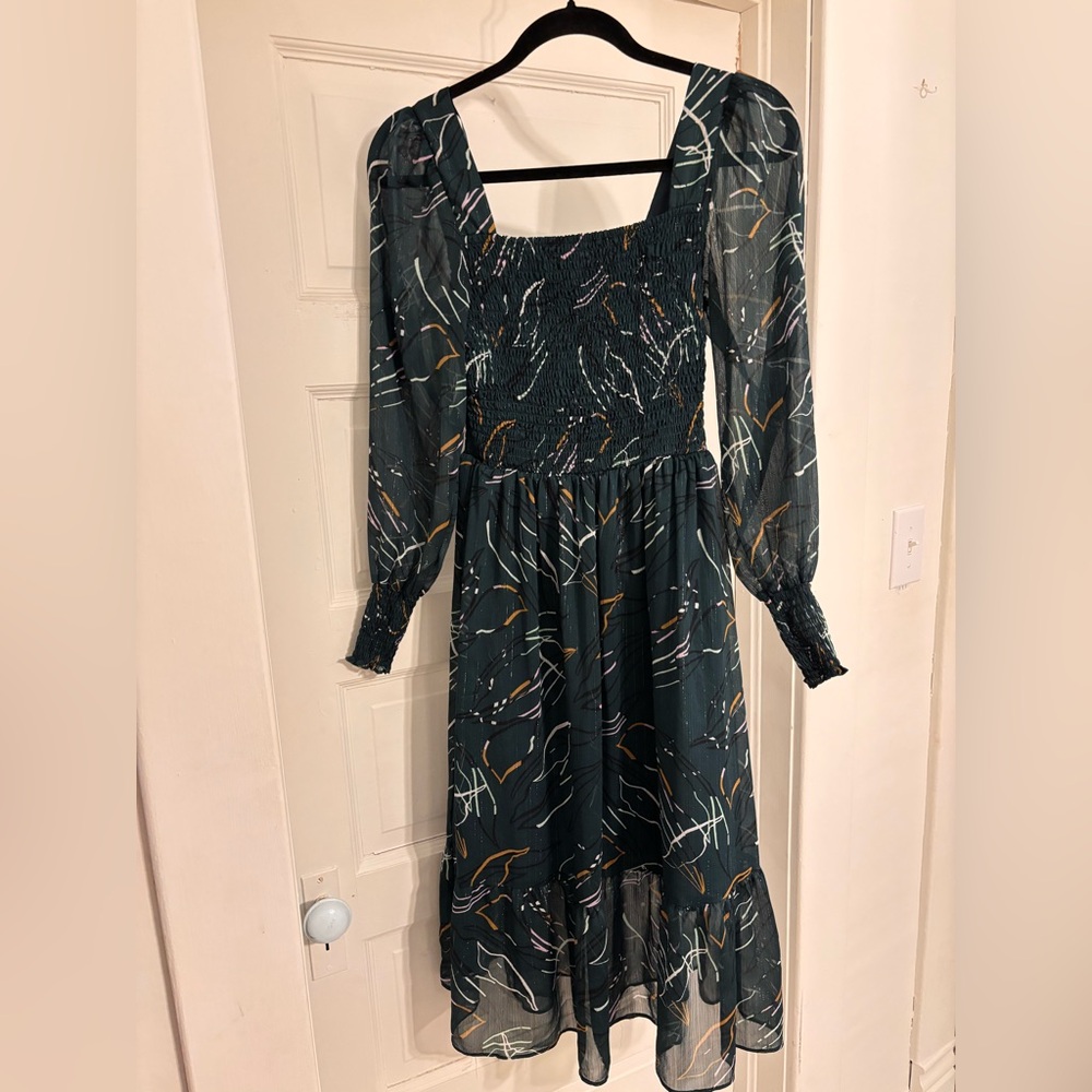 Nine West Teal Abstract Long Sleeve Dress